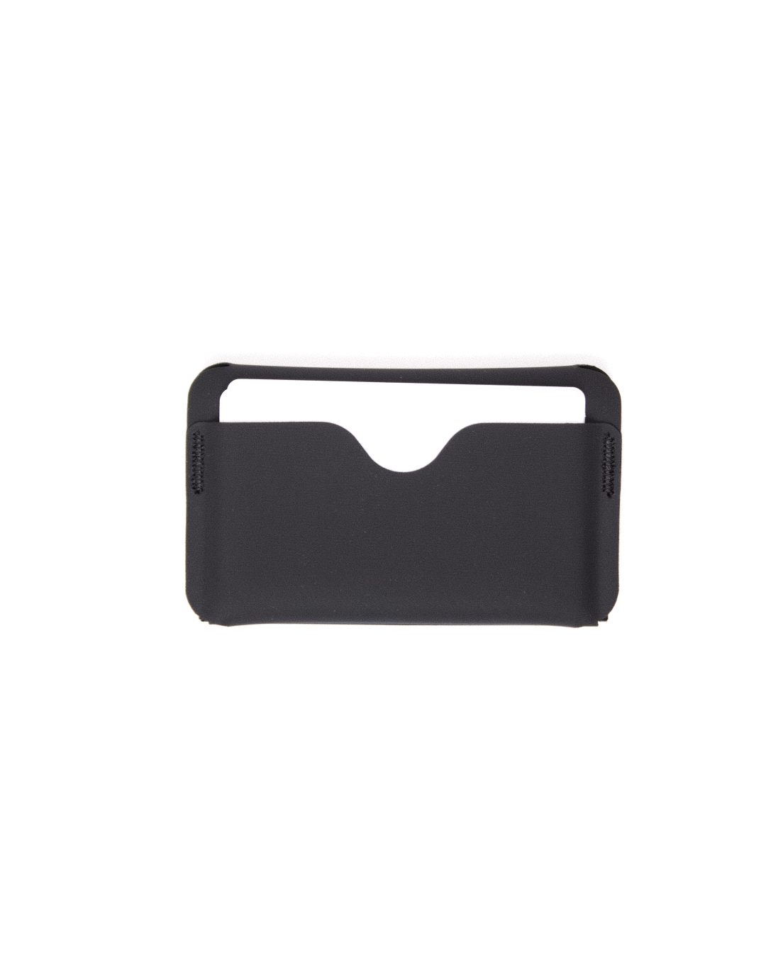 Wallet 01 closed, front view on white; a card shows in the curved card pocket